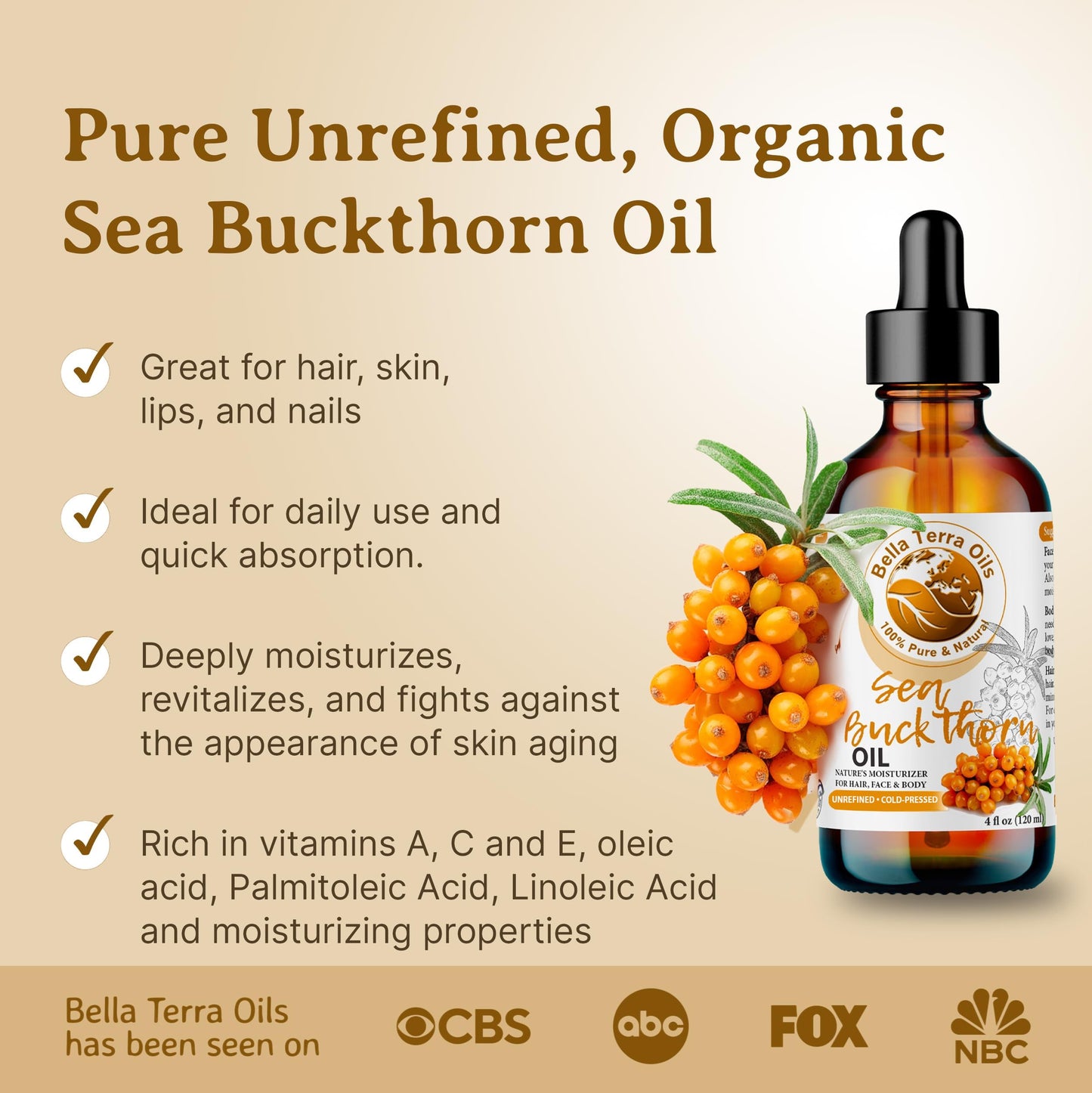 Bella Terra Oils - Natural Sea Buckthorn Oil 8oz - Cold-Pressed Treasure, Bursting with Omega-3 & Omega-6, A Radiant Glow in Every Bottle