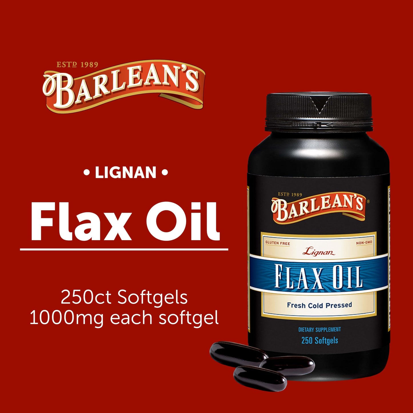 Barlean's Lignan Flaxseed Oil Softgels, Cold-Pressed Flax Seed Supplement with 1,550 mg ALA Omega-3 Fatty Acids for Joint & Heart Health, 1000mg, 250 ct