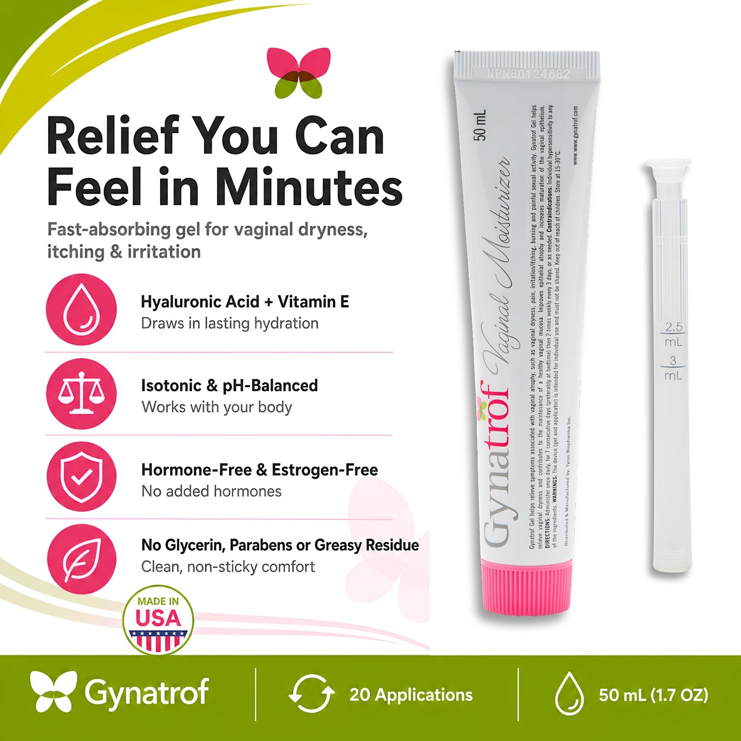 Gynatrof Vaginal Moisturizer for Dryness, Hormone-Free (HA & Vit E)