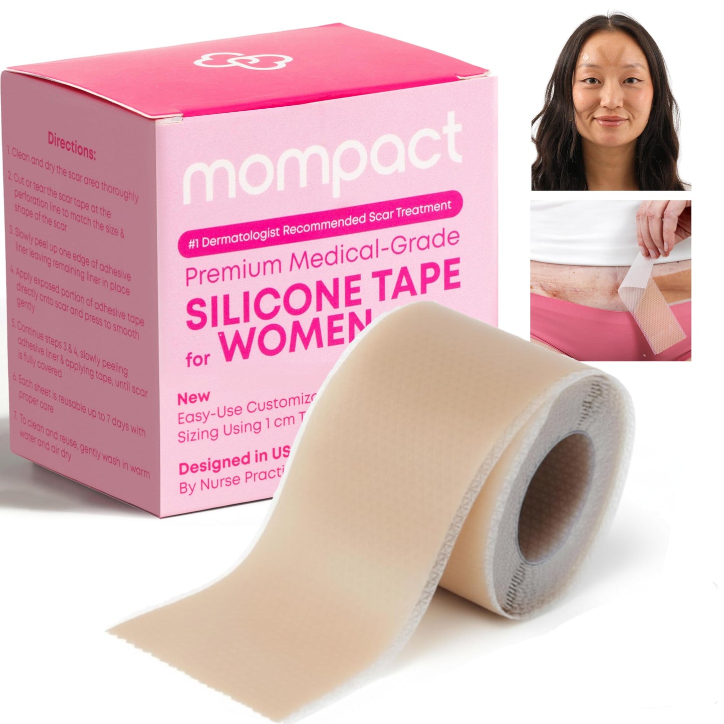 MOMPACT Silicone Scar Sheets, Medical Grade Silicone Scar Tape, Extra Long (1.6"X 120" Roll-3M) Scar Tape for Surgical Scars Removal Strips, Keloid Bump Removal for C-Section,Tummy Tuck, Wrinkles