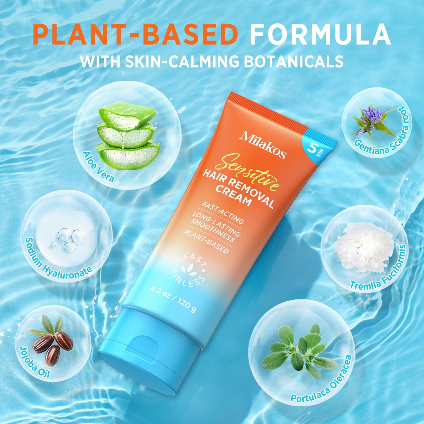 Milakos Hair Removal Cream for Women - Sensitive Skin Depilatory, Gentle Bikini, Legs & Underarm Hair Remover with Aloe Vera & Chamomile