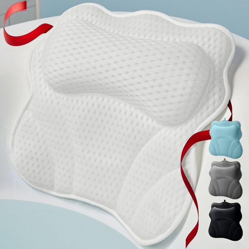 WONDERfoam Thick Padded Ergonomic Bath Pillow for Tub, Support for Head Neck and Back, Slip-Resistant, Machine Washable Breathable Quick Dry Mesh Bathtub Headrest Pillows, Spa Rest Accessories, White