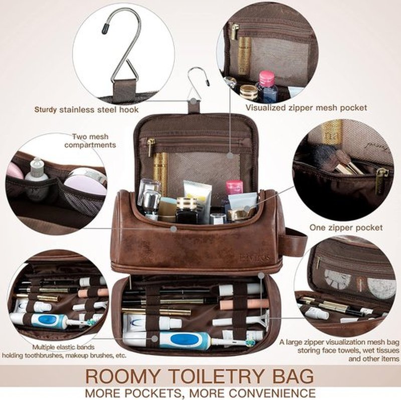 Elviros Toiletry Bag, Mens Leather Travel Organizer Kit with hanging hook, Large Water-resistant Toiletries Bathroom Shaving Bags for Women (Large, Dark Brown)