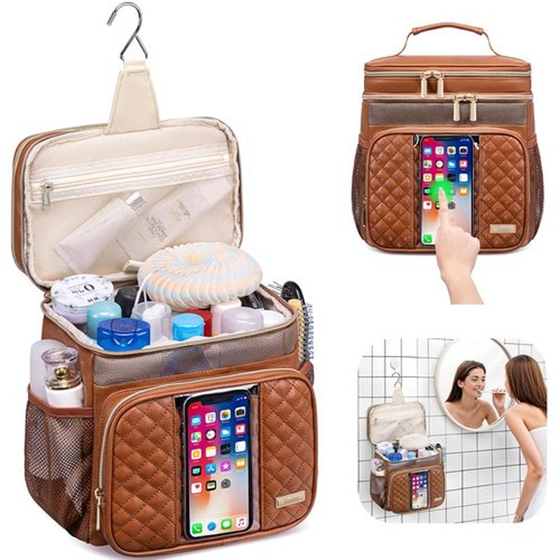 Large Leather Toiletry Bag for Women Men,Bathroom Bag,Water Resistant Portable Shower Caddy for College Dorm,Hanging Toiletry Bags for Traveling,Gym Camping Cruise Ship Travel Essentials Shower Bag