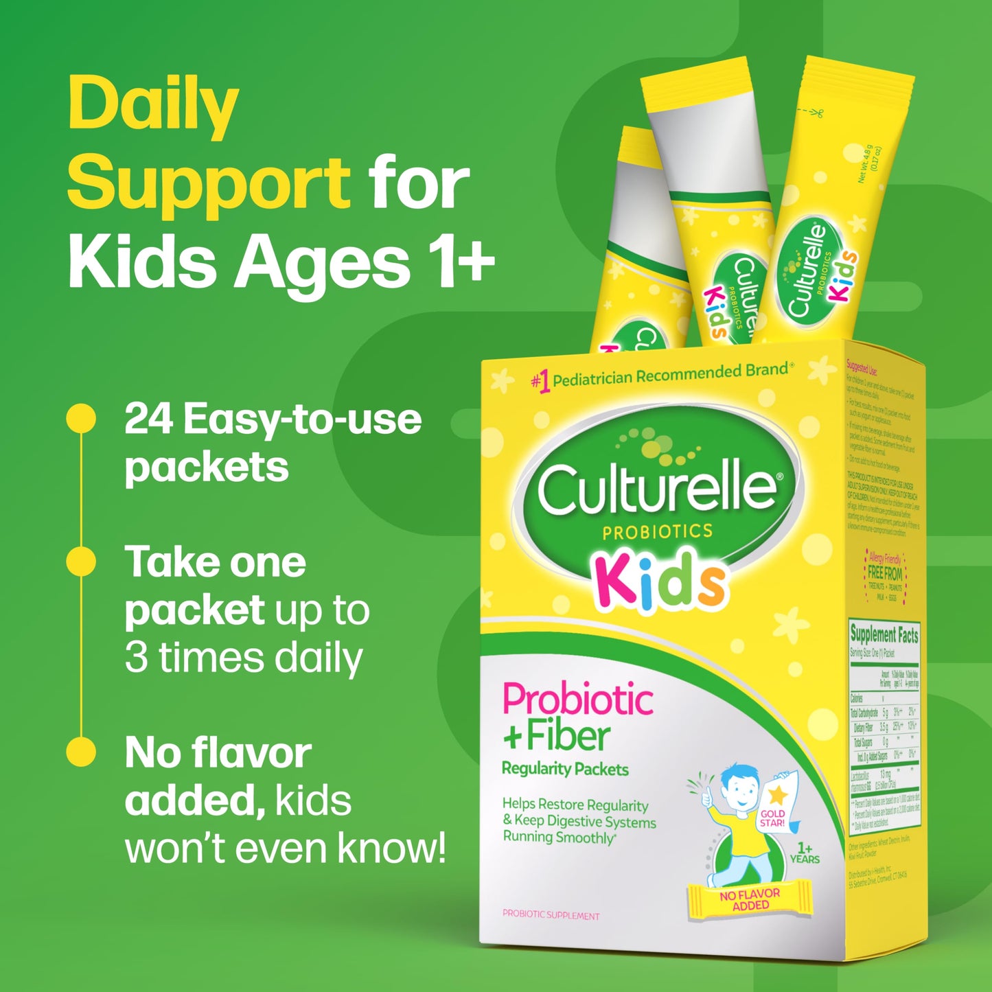 Culturelle Kids Probiotic + Fiber Packets (Ages 3+) - 24 Count - Digestive Health & Immune Support - Helps Restore Regularity (Packaging may vary)