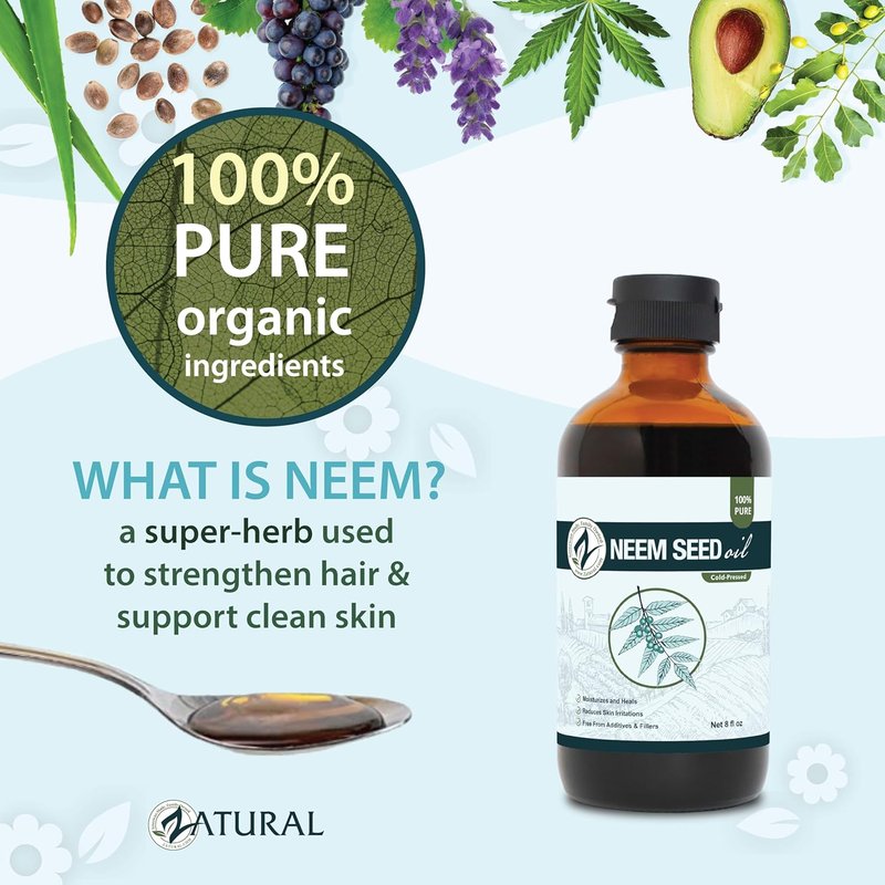 Zatural 100% Pure Neem Seed Oil - Cold Pressed Natural Oil for Skin & Hair | 8 Fl Oz Glass Bottle