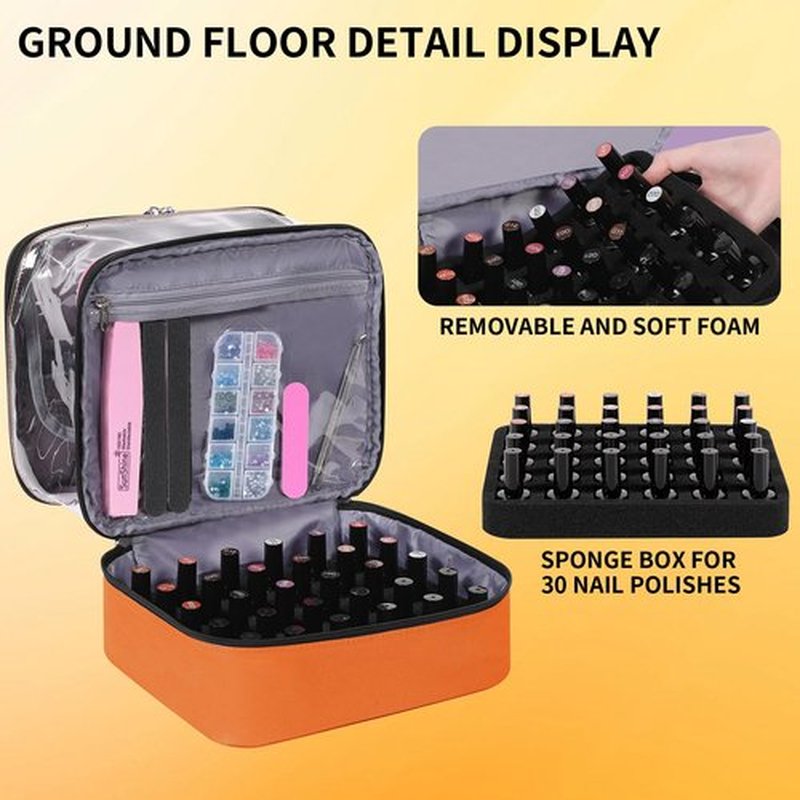 Clear Nail Polish Organizer, Double-Layer Nail Polish Bag Organizer Case Holds 30 Bottles and Nail Dryer, Nail Organizers and Storage for Manicure Tools-Orange