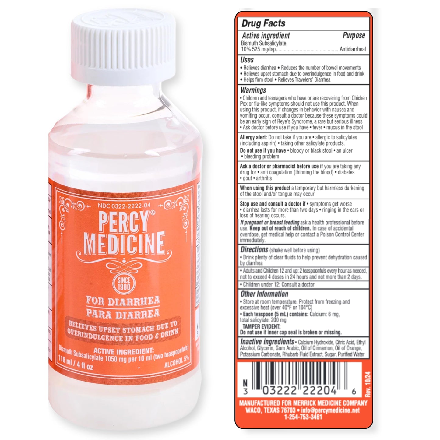 OAKHURST COMPANY Percy Medicine for Diarrhea, Firm Stool, and Digestive Support – Anti-Diarrheal Liquid with Bismuth Subsalicylate 1050mg, Rhubarb Orange Cinnamon Flavor (4 fl oz / 118mL)