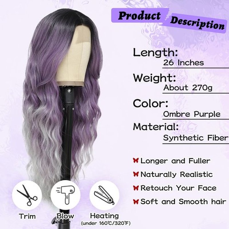 NAYOO Long Wavy Wigs for Women Ombre Purple Middle Part Wig Synthetic Heat Resistant Fiber Women Wigs for Daily Party Use 26 Inch (Ombre Purple)