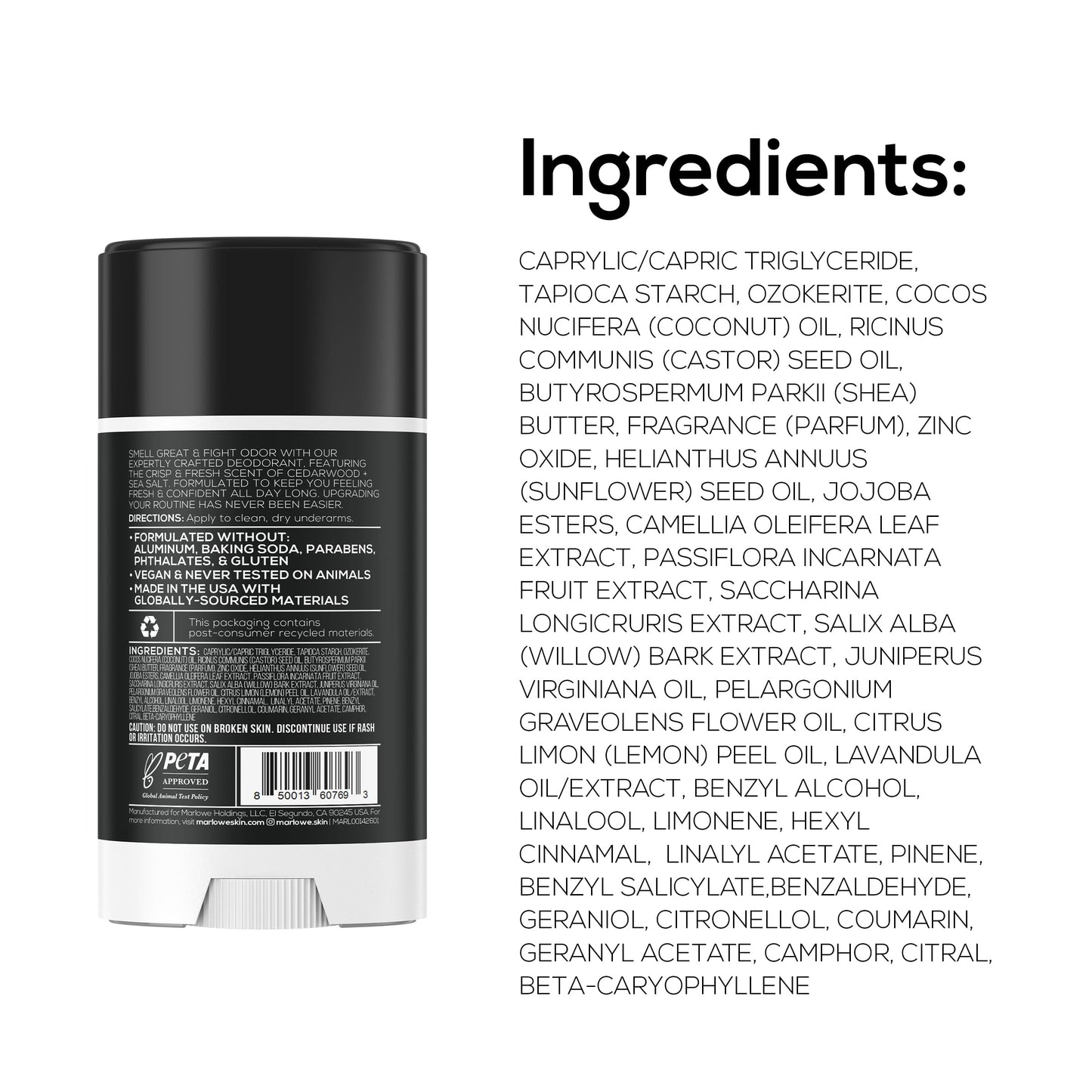 MARLOWE. Aluminum Free Men's Deodorant Stick, Cedarwood + Sea Salt, 2.5 oz