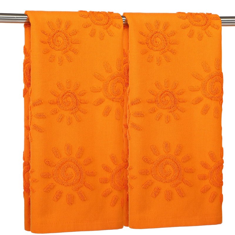SmoothNovelty 2 Pcs Boho Hand Towels Orange Yellow Towels for Bathroom Sunshine Cotton Absorbent Jacquard Weave 3D Sun Kitchen Decor for Gift Christmas Drying Cleaning Cooking(Orange)