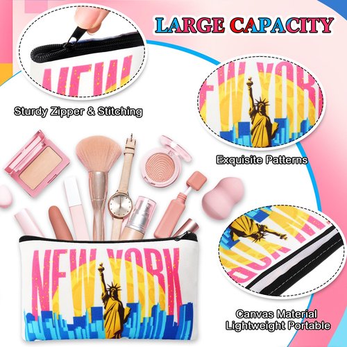 SilTriangle 24 Pieces Makeup Bags Bulk Canvas Cosmetic Bags Purse Organizer Zipper Cosmetic Pouch Portable Travel Toiletry Pouch for Women Men Gifts, 7 x 4 Inch (New York)