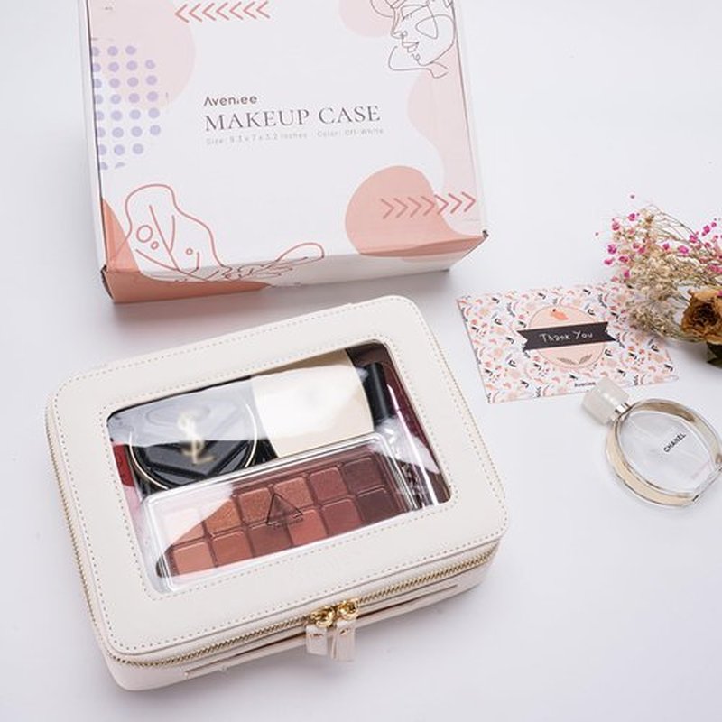 Aveniee Large Clear Makeup Bag Cosmetic bags, Travel Toiletry Bag for Women, Clear Make up Bag Case, Chic Makeup Pouch with Transparent Vinyl Windows & Gold Zippers(White)