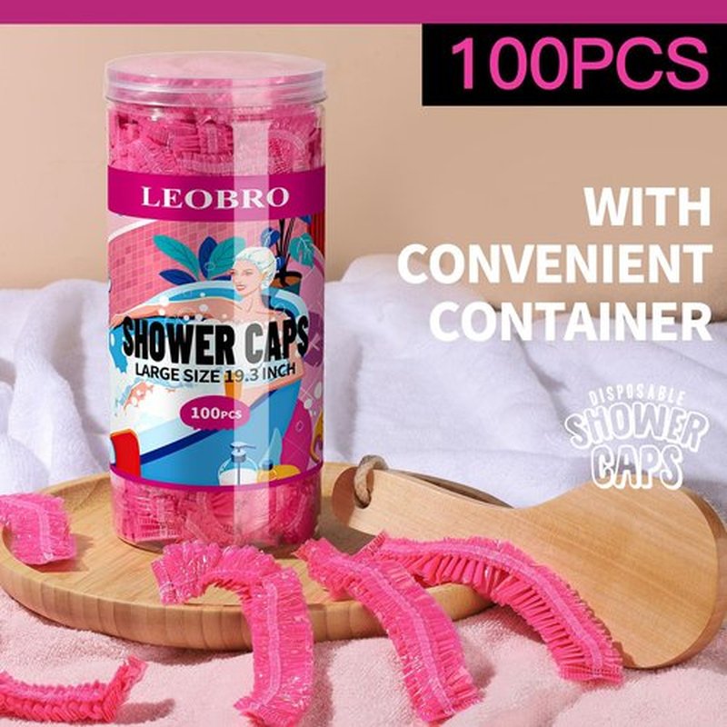LEOBRO Disposable Shower Caps, 100PCS Large Shower Caps, Shower Caps for Women Disposable, Thick Plastic Hair Caps Plastic Shower Caps, Plastic Caps for Hair Treatment, Large Size 19.3 INCH, Pink