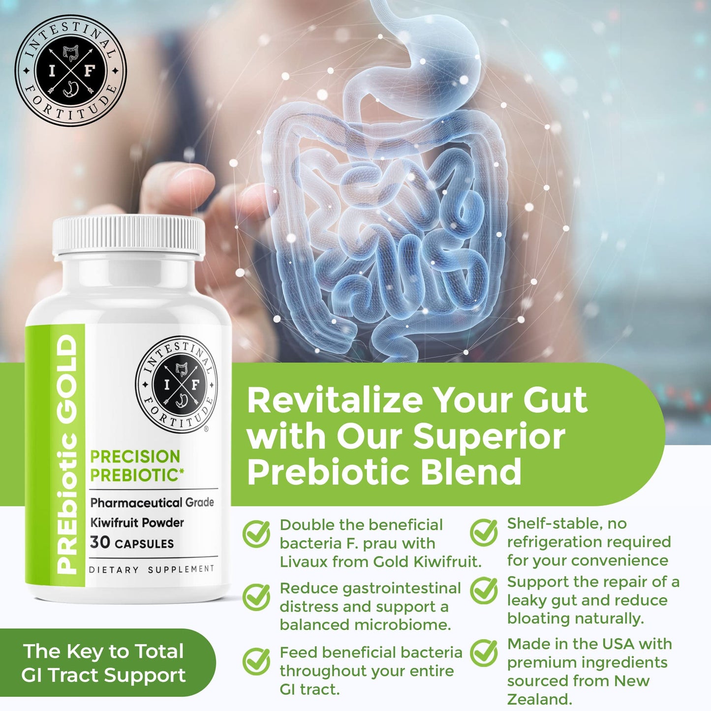 Intestinal Fortitude PREbiotic Gold: Kiwifruit Fiber, Butyrate & Prebiotic Restore Supplement to Support the Gut, Immune & Digestive Support, Anti-Bloating & Leaky Gut Repair, Dairy-Free Capsules