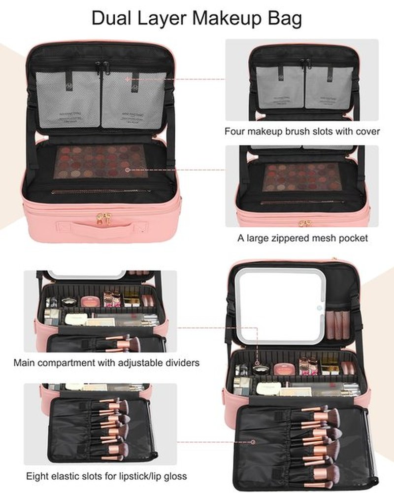 Relavel Makeup Bag with LED Mirror, Makeup Case with Lighted Mirror, Large Capacity Travel Cosmetic Train Case Organizer Box for Women, Dividers and Rechargeable Vanity Mirror (Pink)