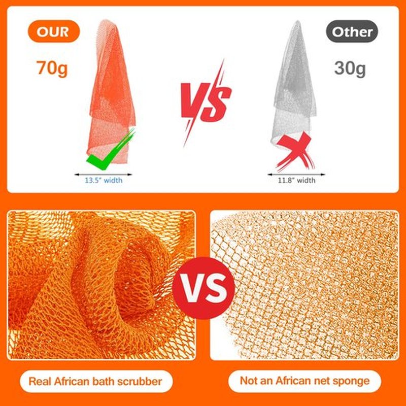 ZOCY African Net Sponge, Authentic Exfoliating Body Scrubber for Bath and Shower, Multiple Textures with Gentle Deep Exfoliating and Rich Lather for All Skins (Orange)