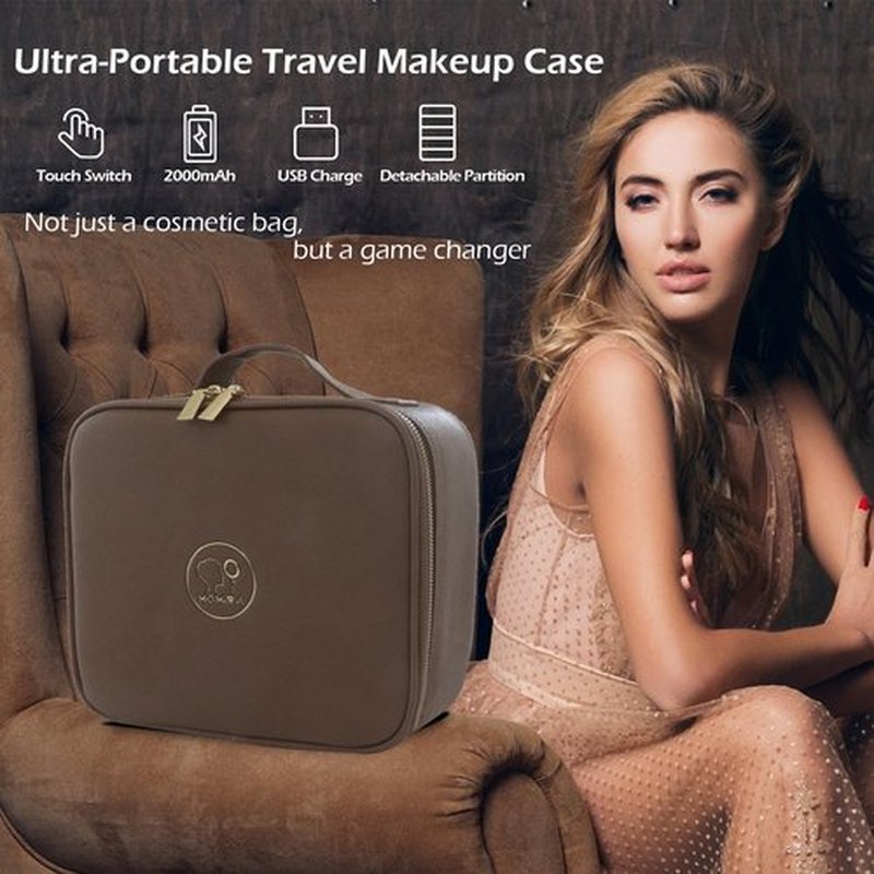 MOMIRA Makeup Bag with Mirror and Light Travel Makeup Train Case Cosmetic Bag Organizer Portable Artist Storage Bag with Adjustable Dividers Makeup Brushes Storage Organizer Brown