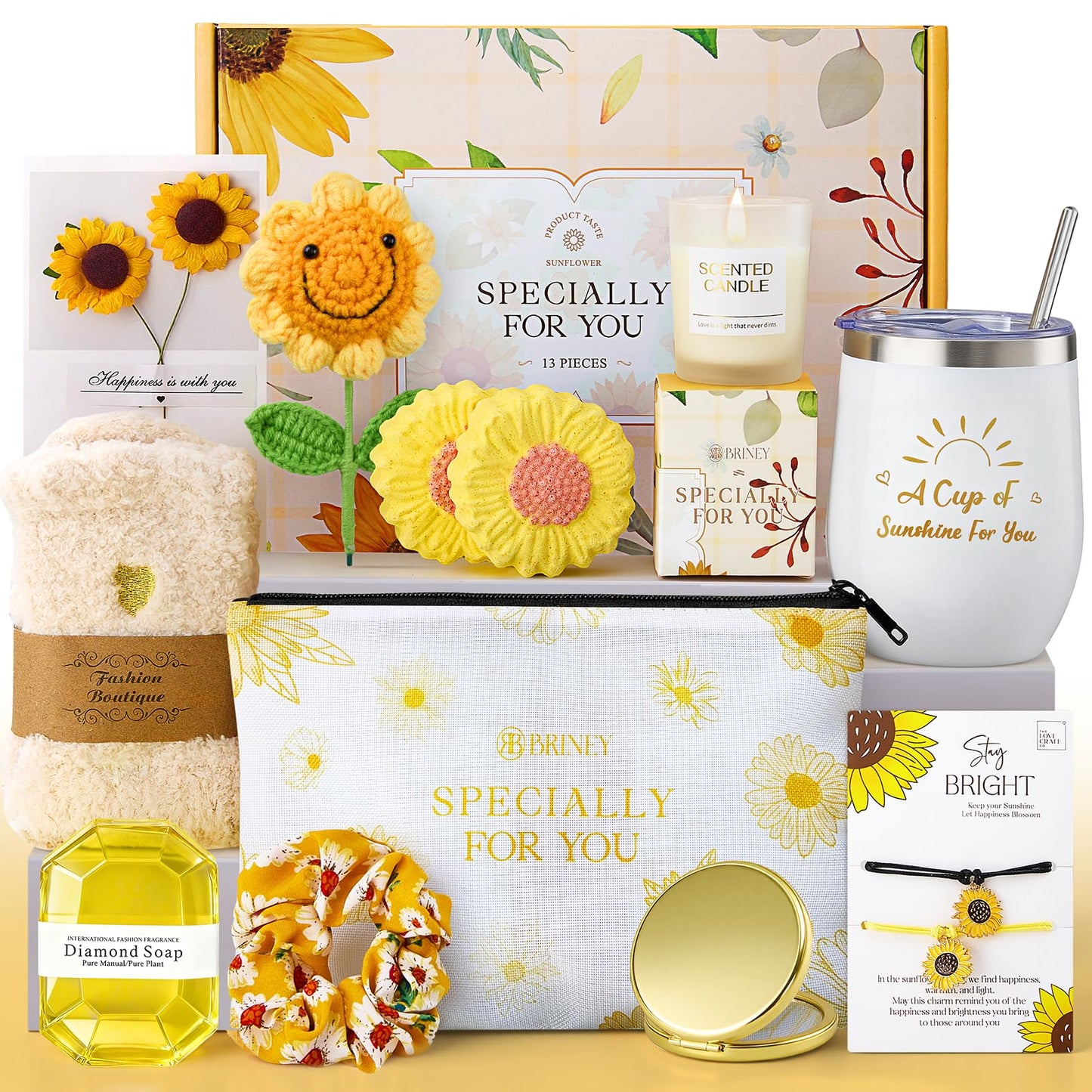 Briney Gift Baskets for Women, Mothers Day Gifts for Friends, Yellow Birthday Valentines Women Day Easter Present Sunflower Care Package Spa Basket for Girlfriend Wife Mom Sister