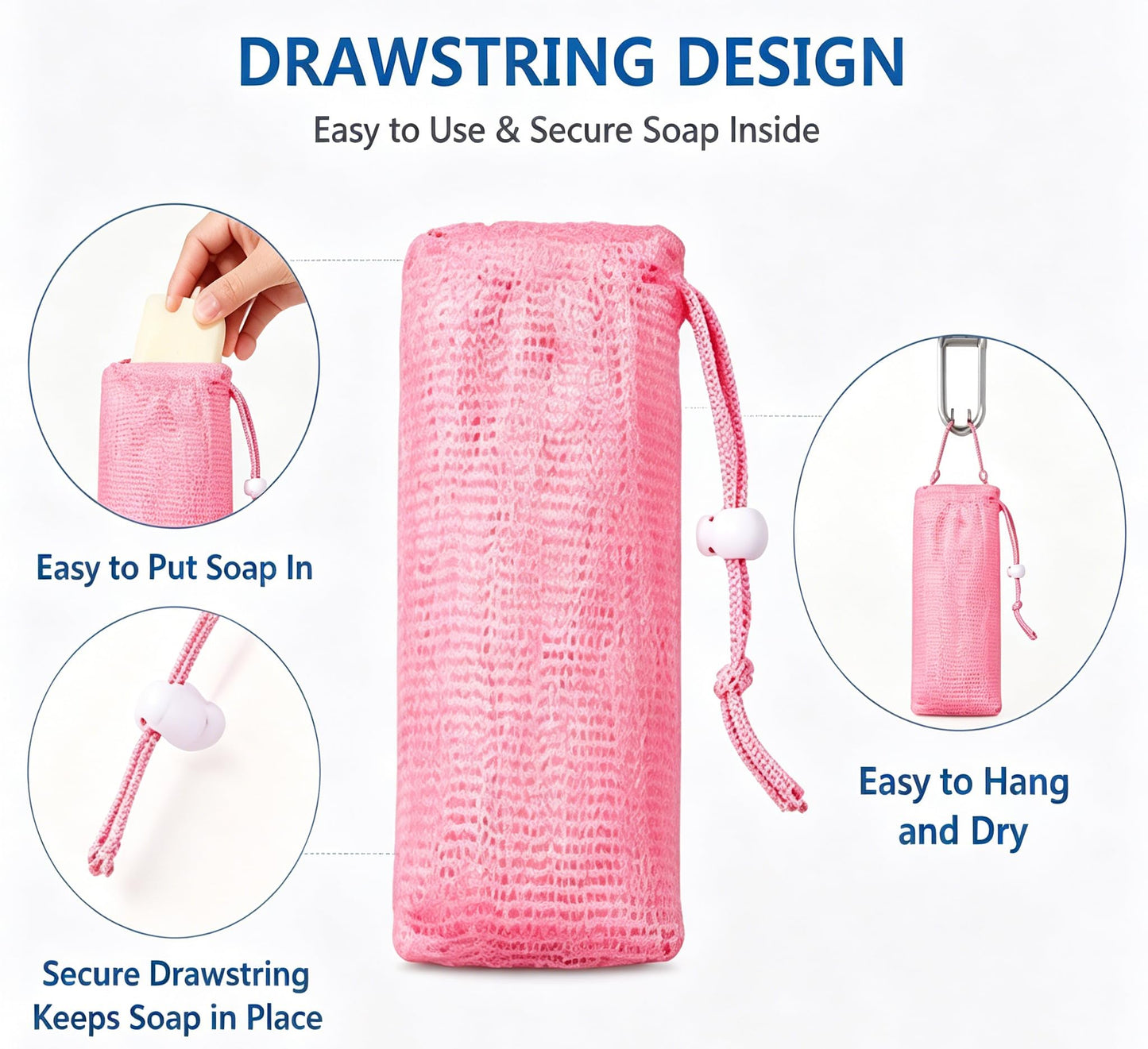 6 PCS Exfoliating Mesh Soap Pouch Bubble Net for Sack Saver Pouch Drawstring Foaming Net for Body Facial Cleaning Tool, 5 Colors