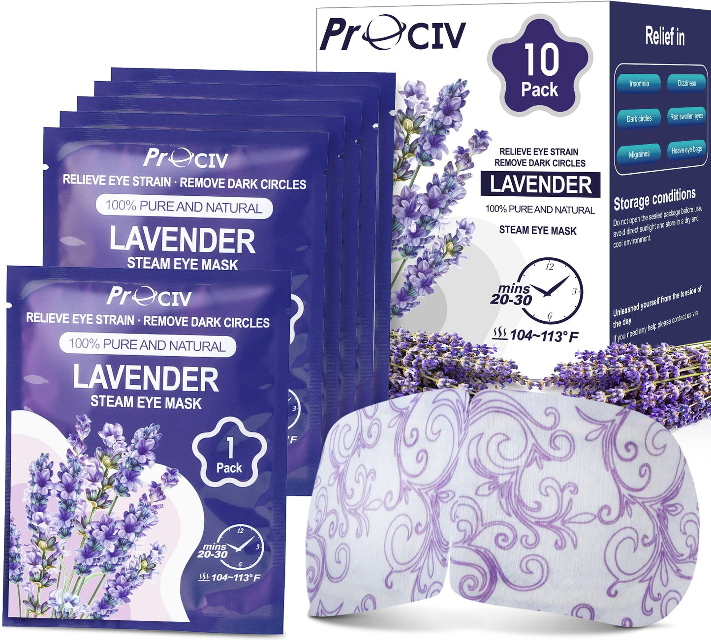 ProCIV 10 Packs Lavender Steam Eye Masks, Heated Eye Masks for Dark Circles and Puffiness Disposable Warming Eye Masks for Soothing Headache Reliefing Eye Fatigue(Lavender)