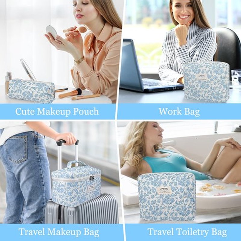 3PC Quilted Makeup Bag, Large Floral Makeup Bags for Women, Cute Cotton Cosmetic Bag Set, Flower Travel Toiletry Organizer Bags (white cherry)
