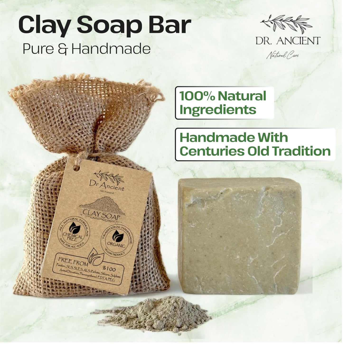 Dr.Ancient Clay Soap Bar, Organic Soap Bars Handcrafted the Traditional Way, Natural Chemical-Free, Vegan, Used for Face Wash, Body Wash, Hand Cleansing and Skin Care, Gentle Exfoliating Cleanser