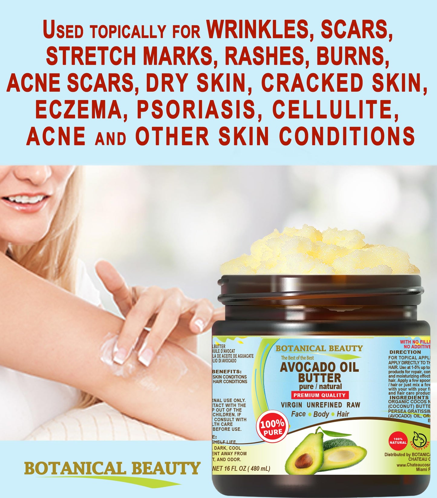 Botanical Beauty AVOCADO OIL BUTTER 100% Pure Natural VIRGIN UNREFINED Cold-Pressed for Face, Skin, Body, Hair, Lip, Nails. Rich in Vitamin E, Omega 3, Omega 6 (8 Fl Oz)