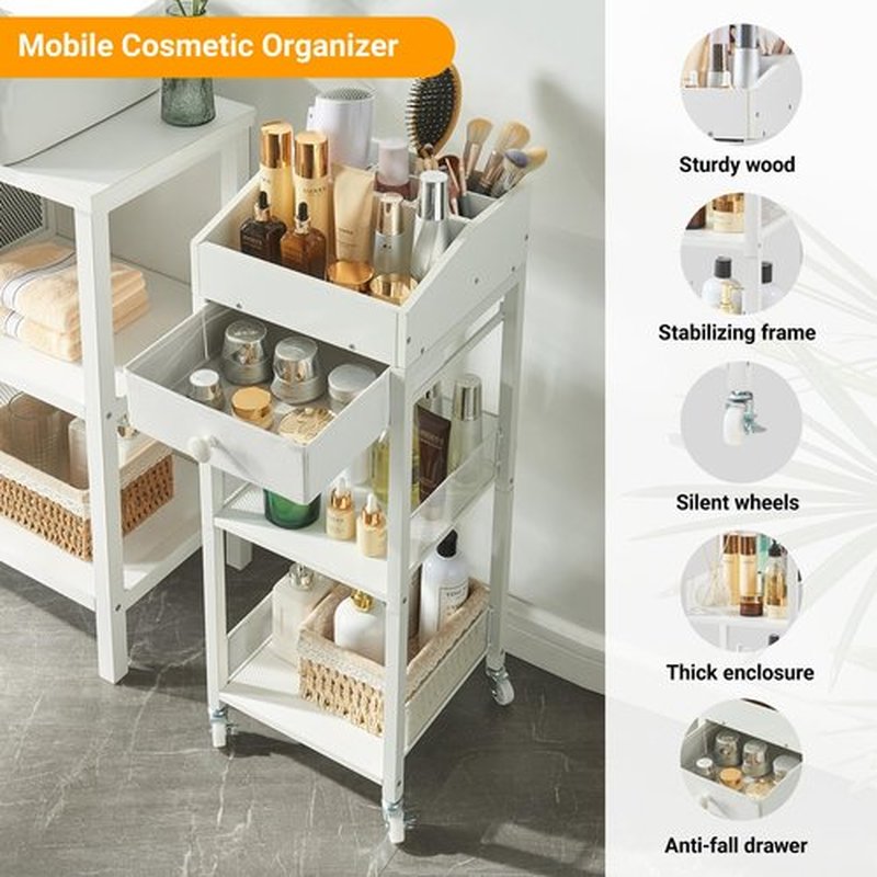 HUSHEDIFY Makeup Organizer Cart,3 Tier Floor Make up Storage Stand with Drawer, Free Standing Skincare Cosmetic Display Holder with Wheels for Vanity Bedroom Dresser Bathroom(White)