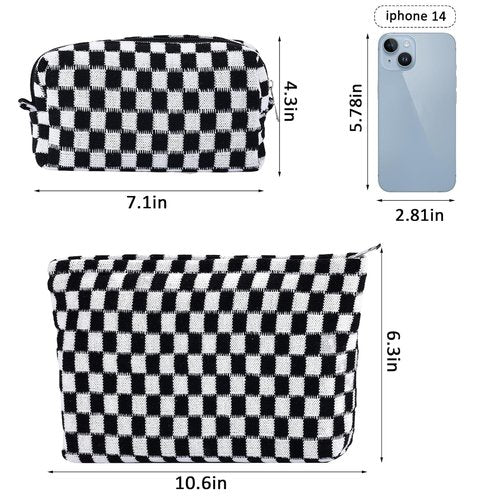ZLFSRQ 2Pcs Checkered Makeup Bag for Women Large Cosmetic Bag Set Travel Toiletry Bag Makeup Pouch Bag for Purse Black Zipper Storage Bag Organizer Cute Small Aesthetic Girls Car Essentials Bag