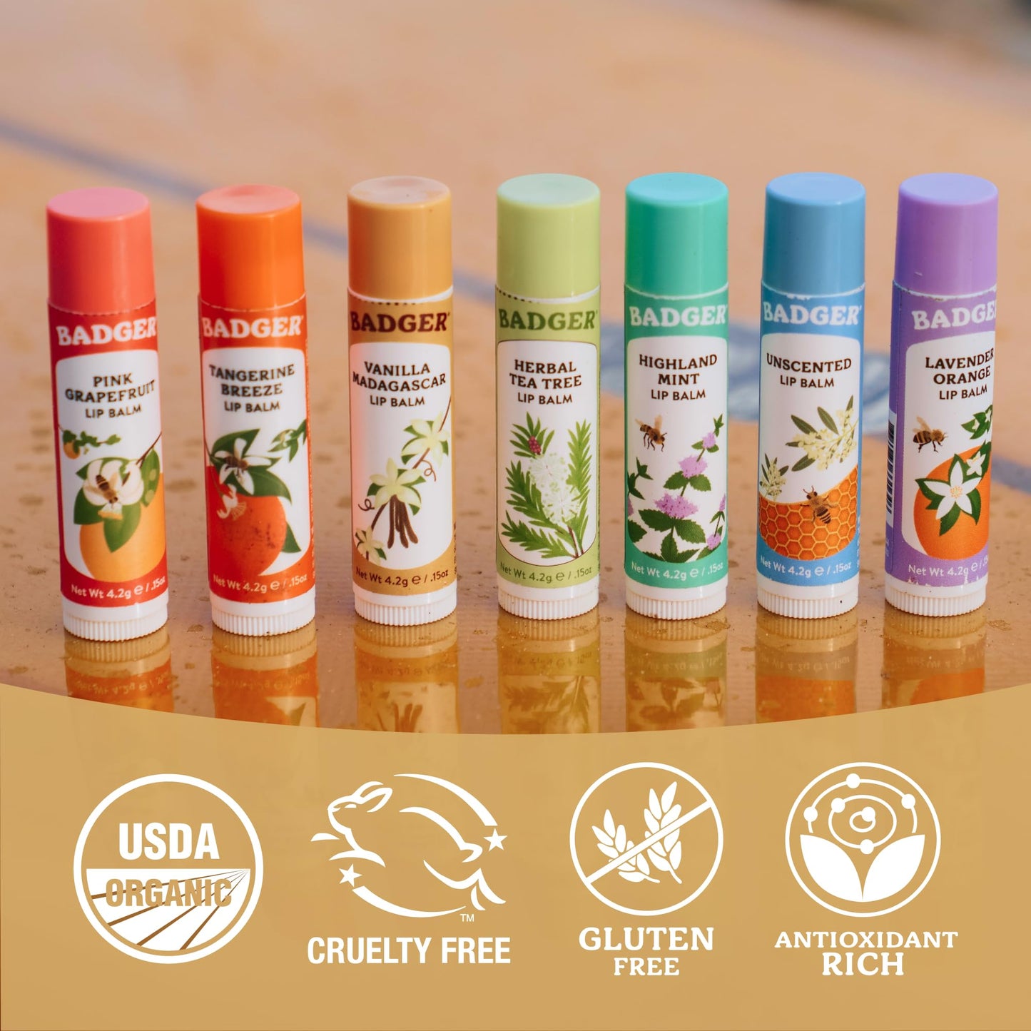 Badger Vanilla Madagascar Classic Lip Balm, 100% Organic Lip Balm, Long Lasting Lip Care w/Light Silky Texture, Comforting & Relaxing, 4 Pack