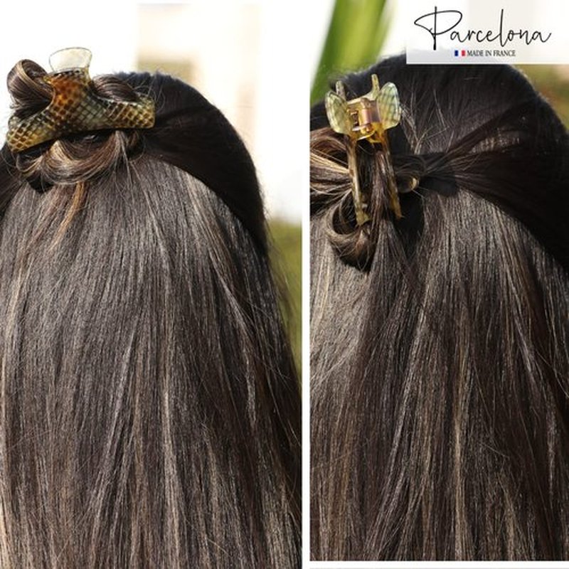 Parcelona French Flat Salon Style Olive Green Medium 3 1/4" Celluloid Covered Spring No Slip Grip Jaw Hair Claw Clip Clamp for Women and Girls, Made in France