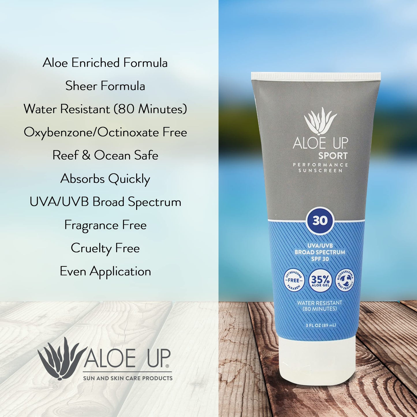 Aloe Up Sport Sunscreen Body Lotion SPF 30 | Broad Spectrum Sunblock Aloe Vera Gel | Non-Greasy,Skin Sun Protection, No White Cast |, Water Resistant 80 Minutes | Fragrance-Free, 3 Oz