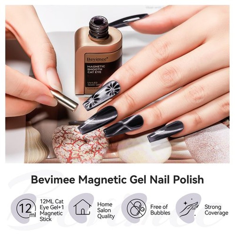 Bevimee Cat Eye Gel Polish Black, Glitter Magnetic Gel Nail Polish Moonlight, Cateye Polish With Magnet Stick Holographic Shimmer Cateye Effect, UV Velvet Gel Nail Art Manicure Salon DIY Home, 12ML