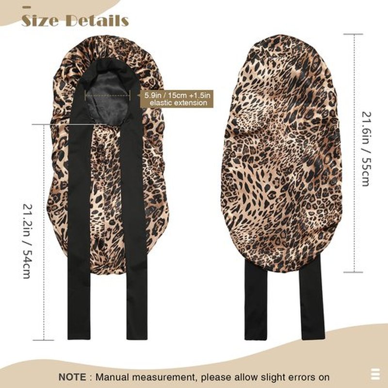 Kids Long Hair Bonnet for Sleeping - Double Layer Girls Elastic Satin Bonnet with Tie Band for Braid Curly Hair (Leopard+Black)