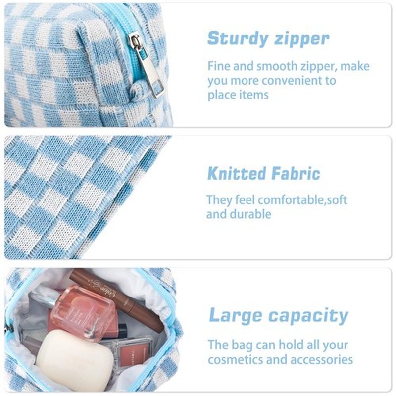 ZLFSRQ 2Pcs Checkered Makeup Bag for Women Pencil Pouch Travel Small Cosmetic Bag Set Cute Makeup Pouch Purse Pencil Case Pencil Bag Zippered Toiletry Bag Organizer Preppy Trendy Storage Bag(Blue)
