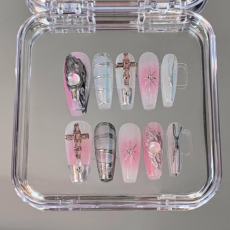 GlimightyX 3D Handmade Press On Nails Medium, Y2K Cyber Pink Chrome Press On Nails with Nail Glue, Reusable UV Gel Cured Sturdier Fake Nails, Size S 10 Nail Kit,Baby Chrome