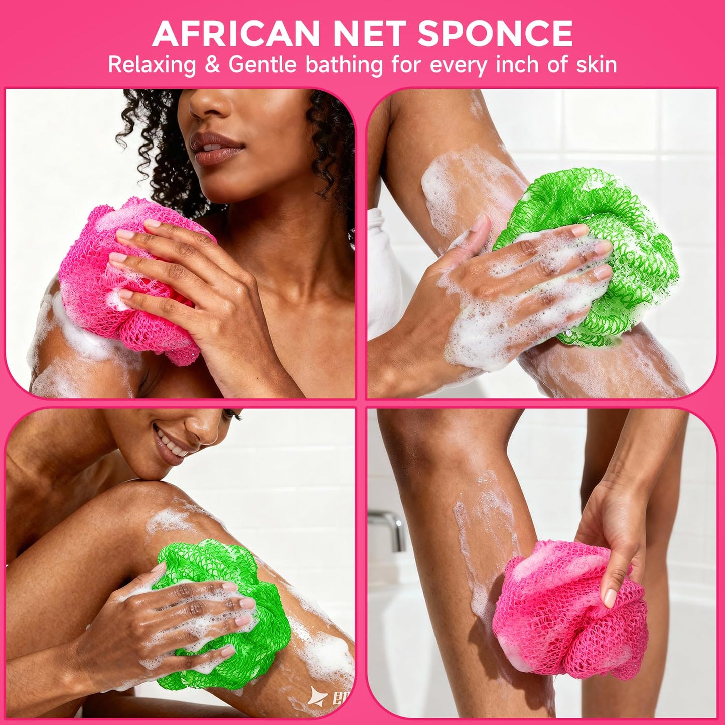2 Pieces African Net Sponge Authentic, Durable Back Scrubber Washcloth for Shower, Exfoliating Net Sponge for All Skin, Bathing Accessories for Women (Pink and Green)