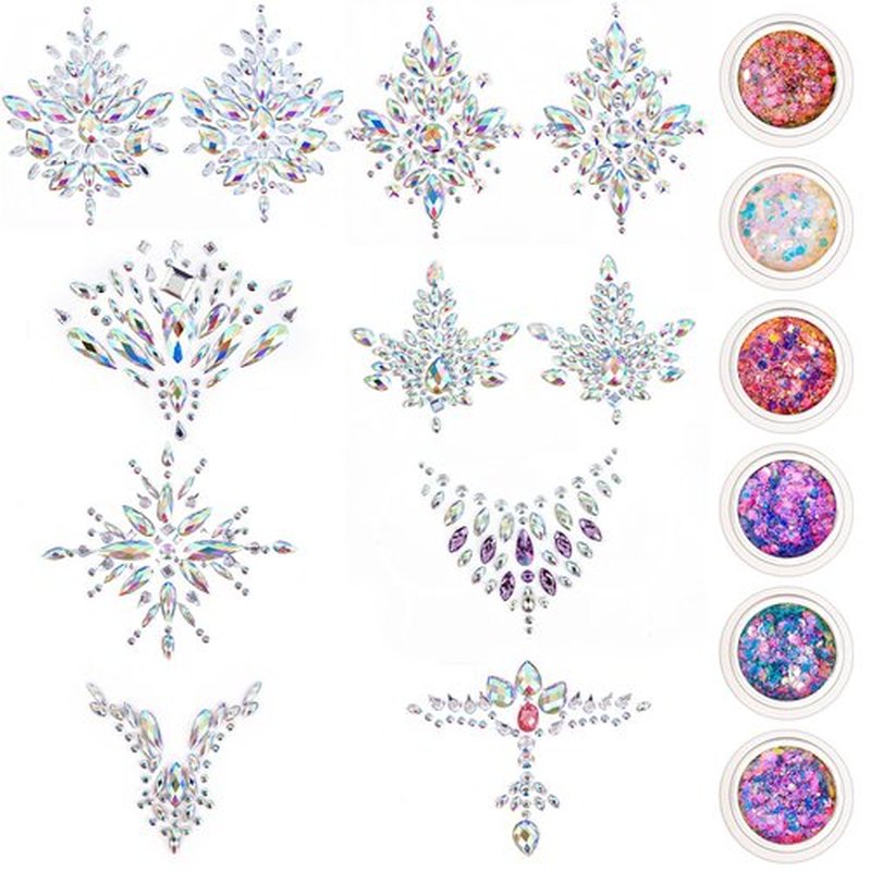 Leelosp 8 Set Halloween Jewels Tattoo Body Gems Rhinestone Sticker with 6 Boxes Chunky Holographic Face Hair Glitter Crystals Face Stickers Jewels for Rave Festival Makeup(Vivid Style)