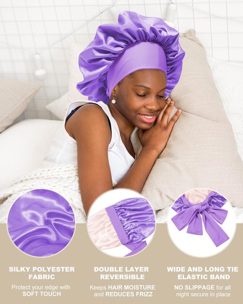 Satin Bonnet for Women Silk Bonnets for Sleeping Curly Hair Bonnet with Elastic Tie Band Reversible Double Layer Sleep Cap Hair Wrap (Pink + Purple)