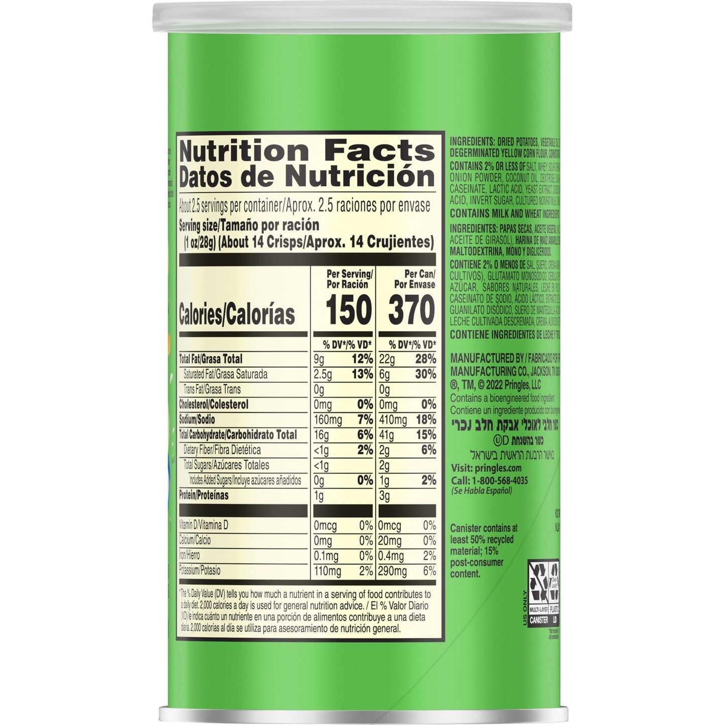 Pringles Potato Crisps Chips, Lunch Snacks, Office and Kids Snacks, Grab N' Go, Sour Cream and Onion, 1.88 Pounds (12 Cans)