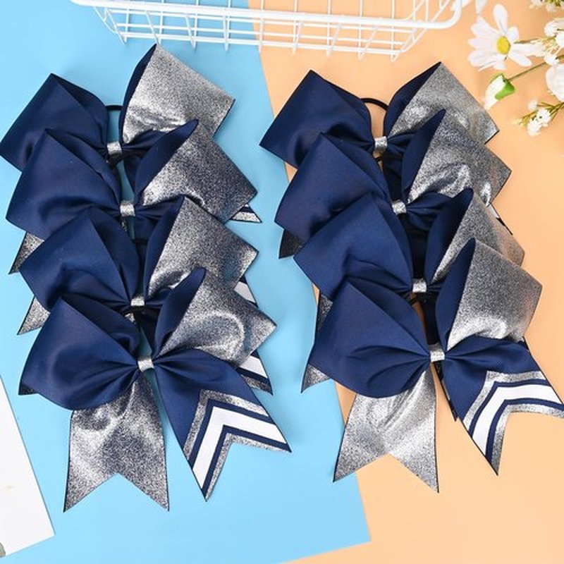 DEEKA 8PCS 8" Two Toned Large Glitter Cheer Bows Shiny Cheer Hair Bows Ponytail Holder Handmade for Cheerleader Girls Softball Sports -g Silver/Navy