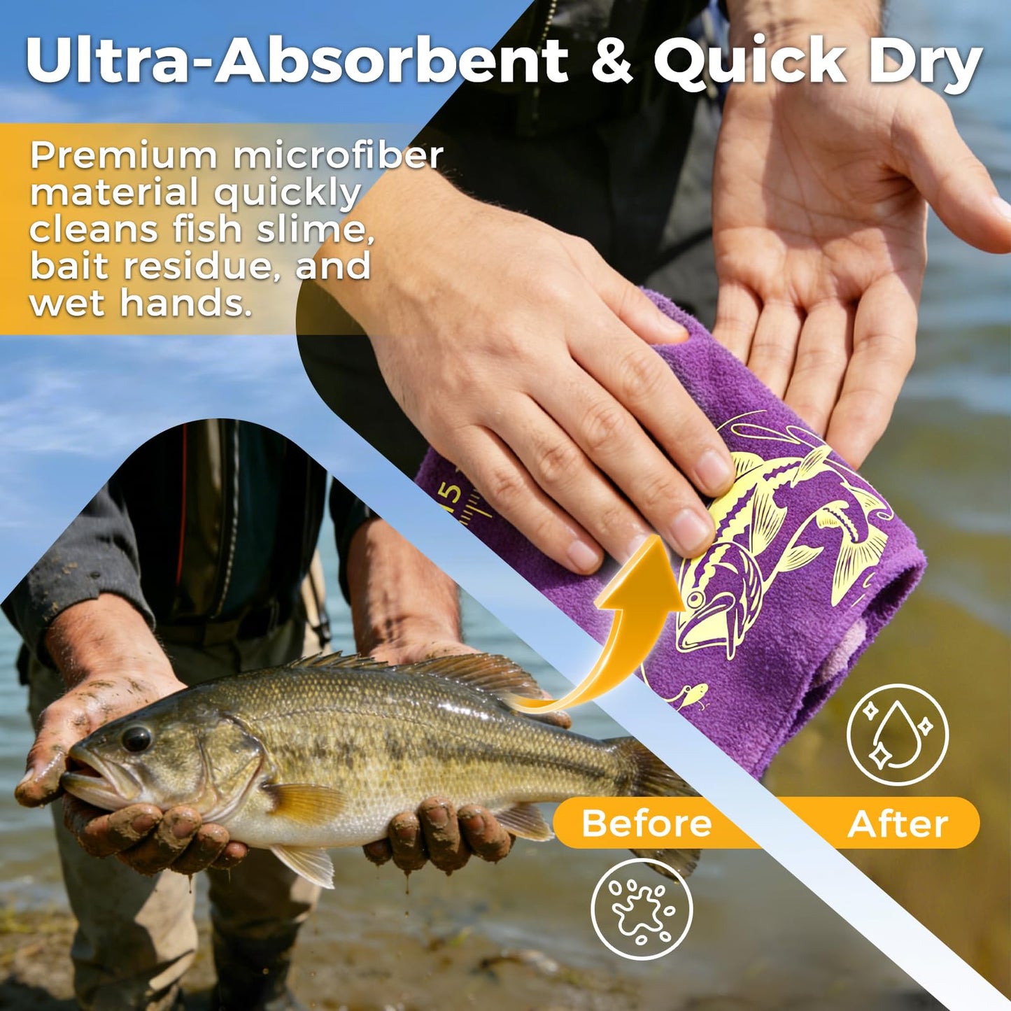 AUTUMNSWAN 2PCS Fishing Towel with Built-in Ruler and Retractable Carabiner Clip, 25.5" X9.8" Premium Microfiber Towel for Cleaning Hands & Tackle Gear, Bass Accessories, Fishing Gifts for Men Dad