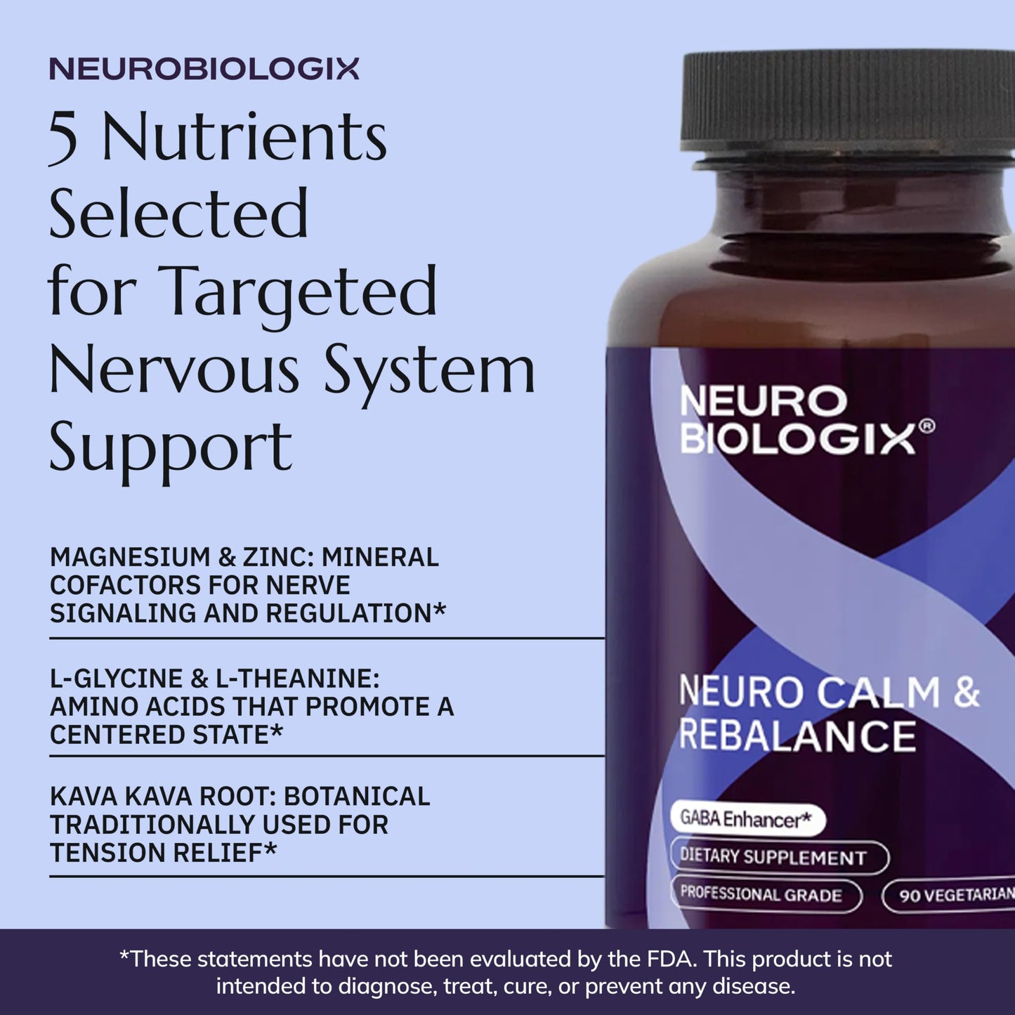 Neurobiologix Neuro Calm & Rebalance, L Theanine, Magnesium, Zinc & Kava Kava Complex for Calm Mood Balance and Stress Support, GABA Activity Support Supplement, Gluten Free, Vegetarian, 60 Capsules