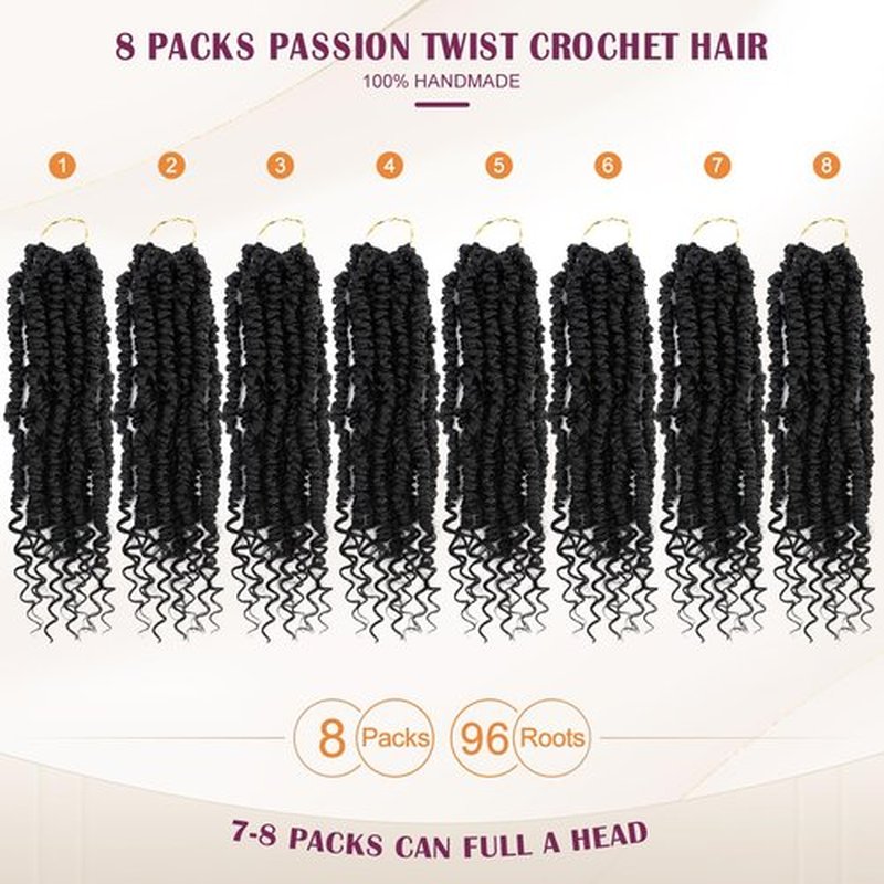 Passion Twist Crochet Hair,Passion Twist Hair 12 Inch,8 Packs Pre-twist Passion Twist Hair,Short Passion Twist Crochet Braids,Pre Looped Crochet Hair For Black Women(1B)