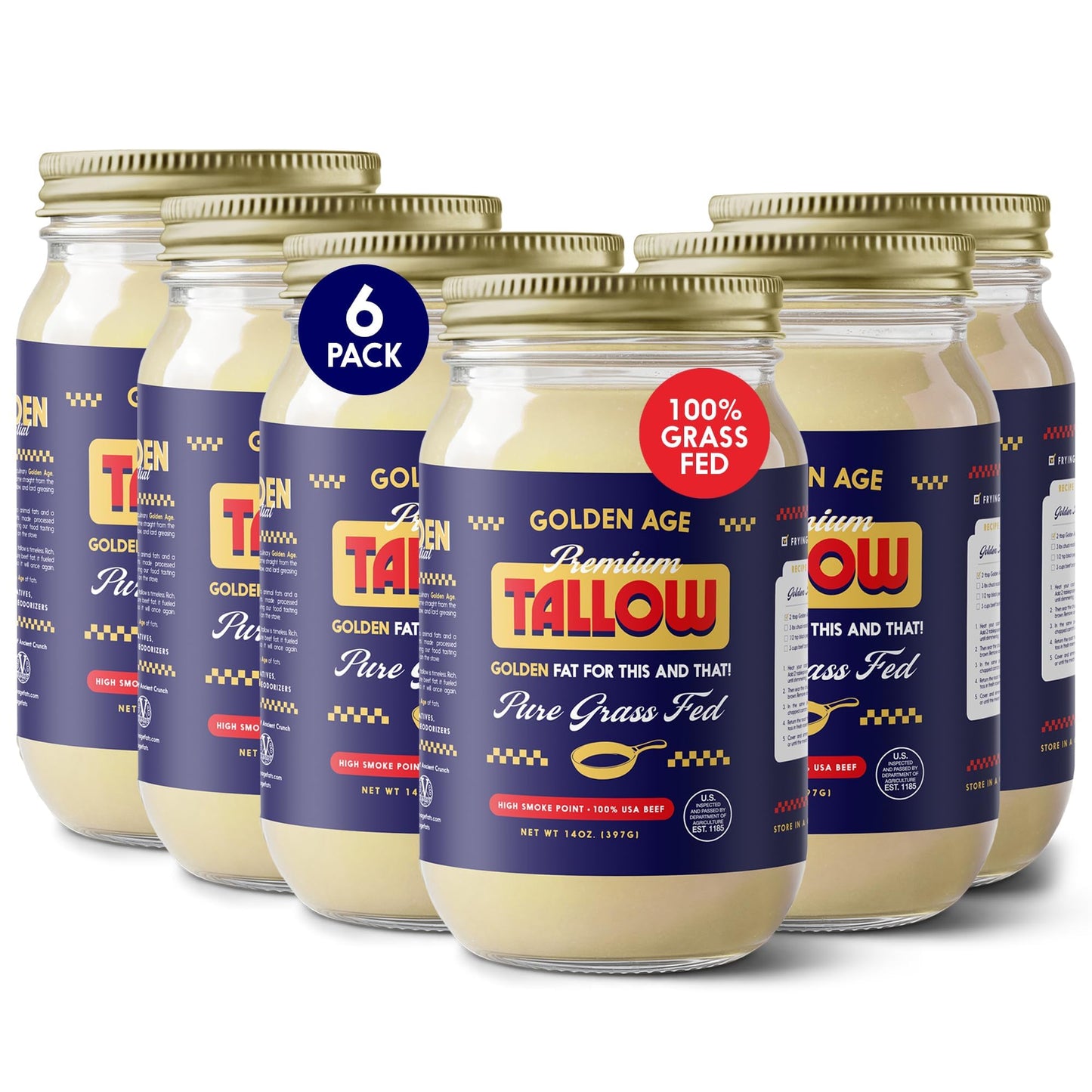 Golden Age Premium Beef Tallow for Cooking & Skincare – Official Tallow of Masa Chips and Vandy – 100% Grass Fed, 14 oz (6-Pack), Pasture-Raised, Hand-Rendered, No Foaming Agents, High Smoke Point, Keto & Paleo