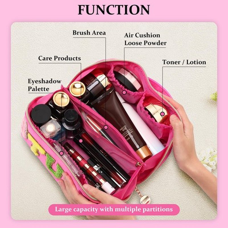 LONEDREAM Stoney Clover Preppy Makeup Bag, Large Capacity Travel Cosmetic Bag, Chenille Letter Open Flat Nylon Stuff, Preppy Patch Better Belt Everything Makeup Bag, Rose Red