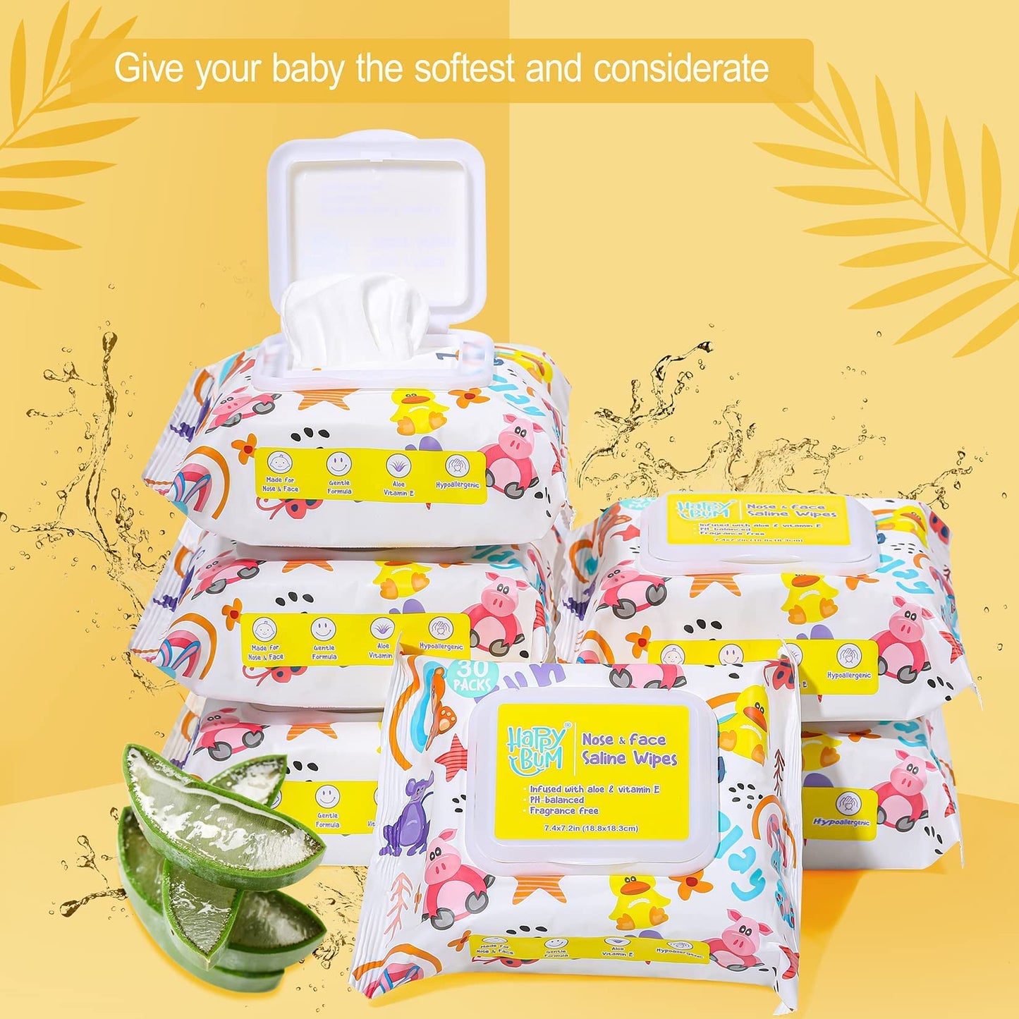 HAPPY BUM - 180 Count Saline Baby Wipes, Unscented, 7.4 x 7.2 Inch, Moist and Refreshing, Multi-Purpose Use, Ideal for Travel