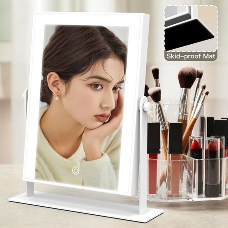 ROLOVE Lighted Makeup Mirror with Light, 9"x11" Vanity Mirror with Lights, Portable Tabletop Cosmetic Make Up Mirror, Smart Touch Control, Dual Power Supply, 360°Rotation