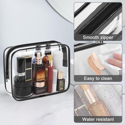 Wedama Clear Toiletry Bag, Cosmetic Bags 3 Pack with Zipper Carry on Airline Airport Travel Accessories, PVC Makeup Bags for Travel, Clear Travel Bags for Women and Men-Black